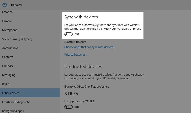 sync with devices windows 10