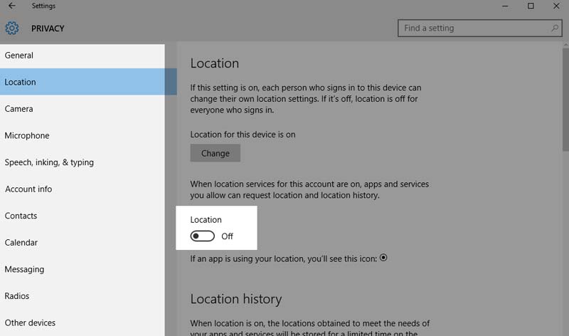 windows 10 location nustatymas