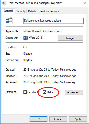 windows 10 paslėpti failą ar katalogą