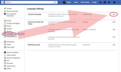 facebook kaip pakeisti kalbą