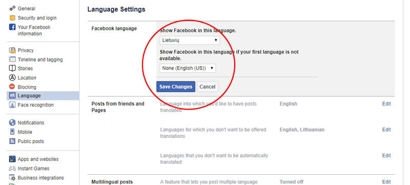 facebook kalbos pakeitimas