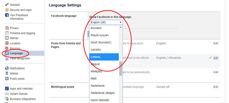 facebook pakeisti kalbą pc