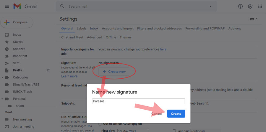 gmail kaip pridėti parašą