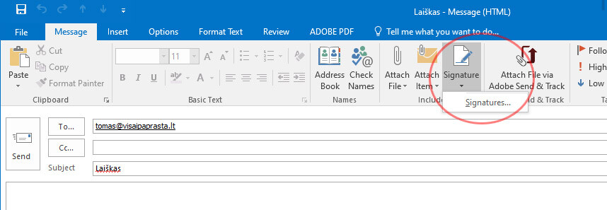 outlook kaip prideti parasa