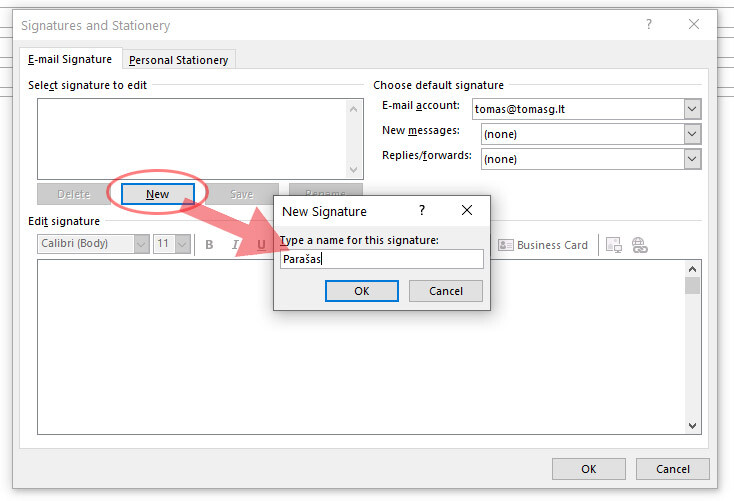 outlook parašas laiške
