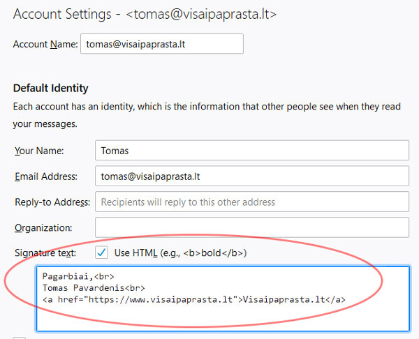 thunderbird parašas laiške su nuoroda