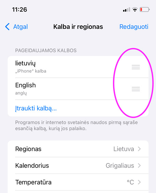 iphone kalbos pakeitimas