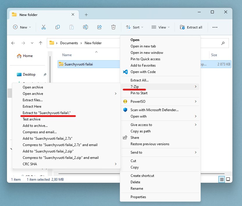 kaip išarchyvuoti zip, 7zip, rar failus